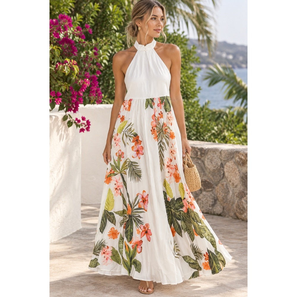 FEHAUTE Satin Halter Neck Sleeveless A-Line Gown Dress Tropical Floral Size 8